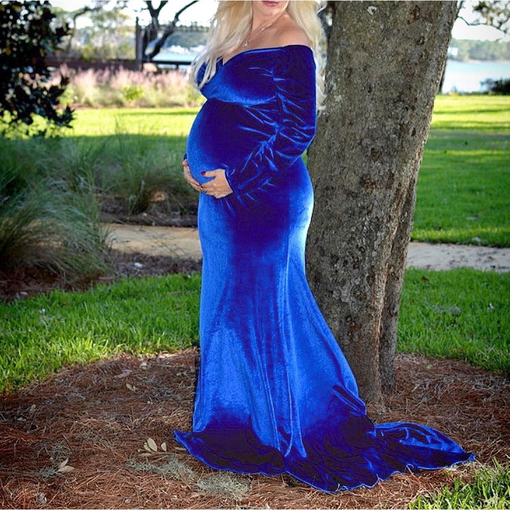 Off-Shoulder Cobalt Blue Velvet Maxi Maternity Dress